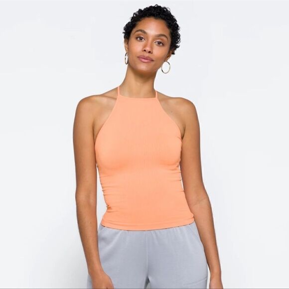 Free People Mmkay Seamless Tank Mango Ribbed High Neck Crisscross M/L NWT - Picture 3 of 11